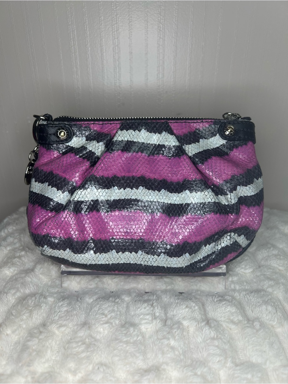 henri bendel Pink Black White Snake skin print Mini Silver Chain Shoulder Bag - Picture 3 of 10
